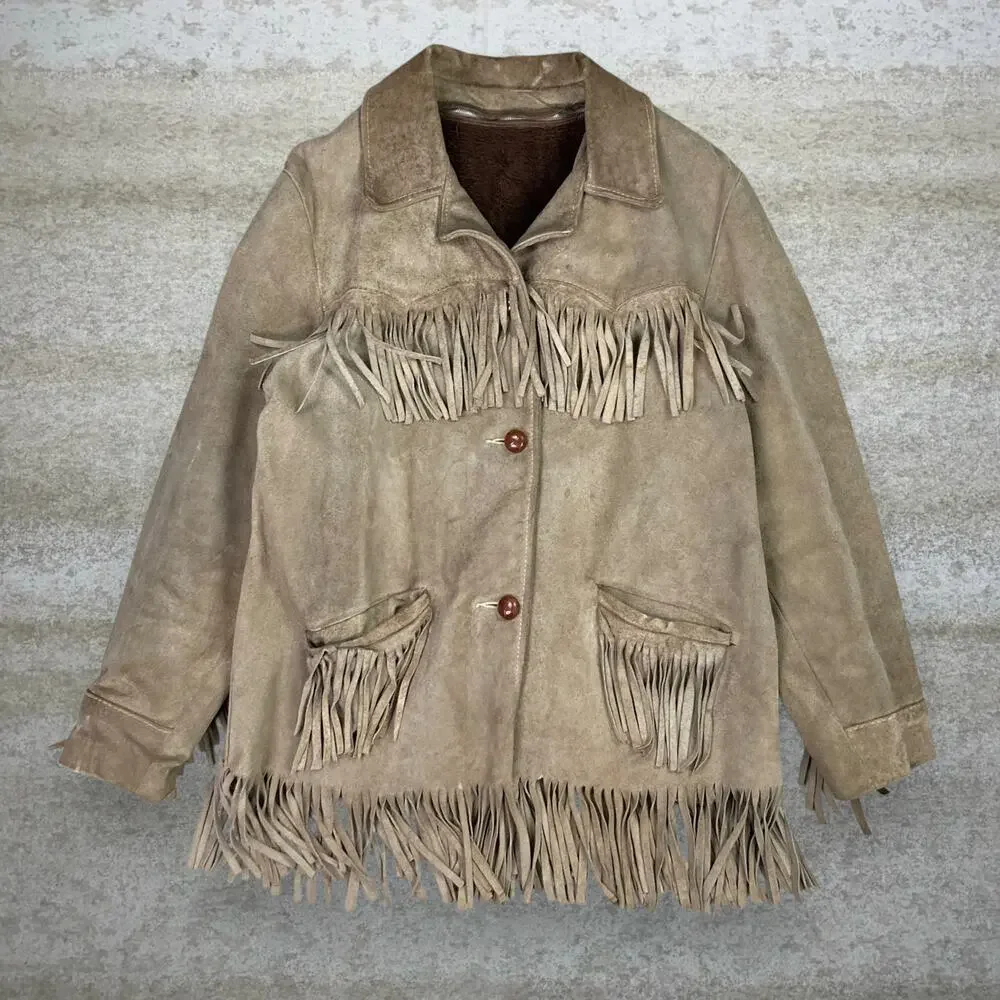 True Vintage 90s Western Suede Leather Jacket Mens M Tan Faux Fur Line Button Up - Picture 1 of 6
